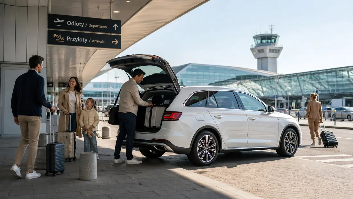 Passengers with luggage beside a car outside an airport terminal