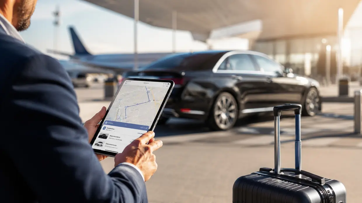 Person using a tablet beside a car outside an airport terminal