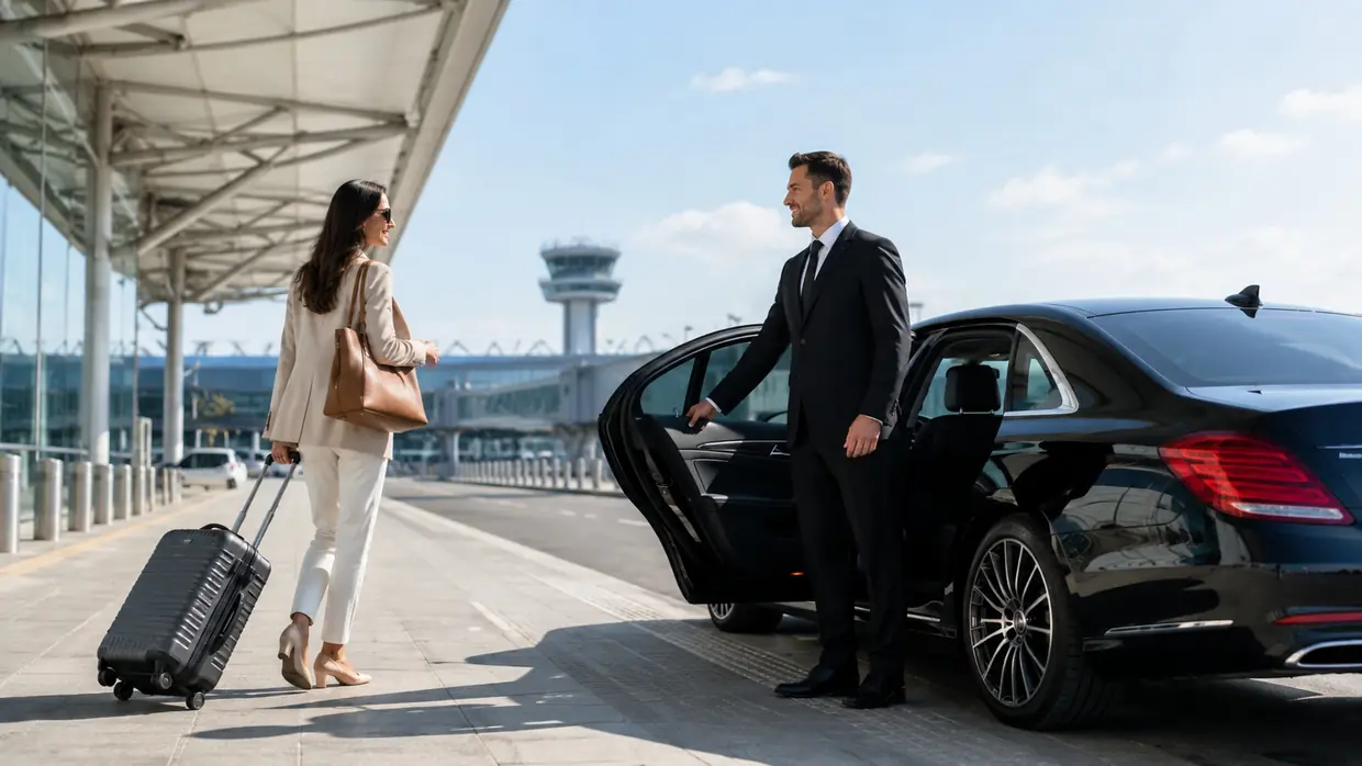 Driver opening a car door for a passenger at an airport terminal