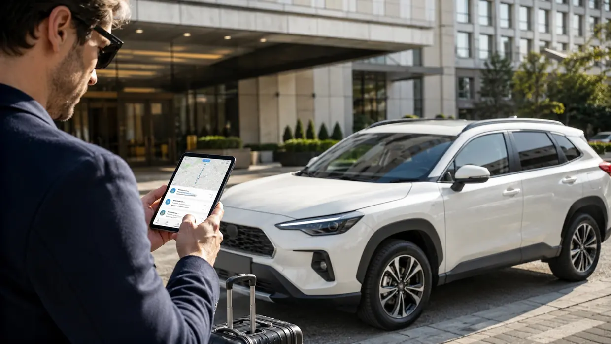 Osoba korzystająca z tabletu przy białym SUV-ie