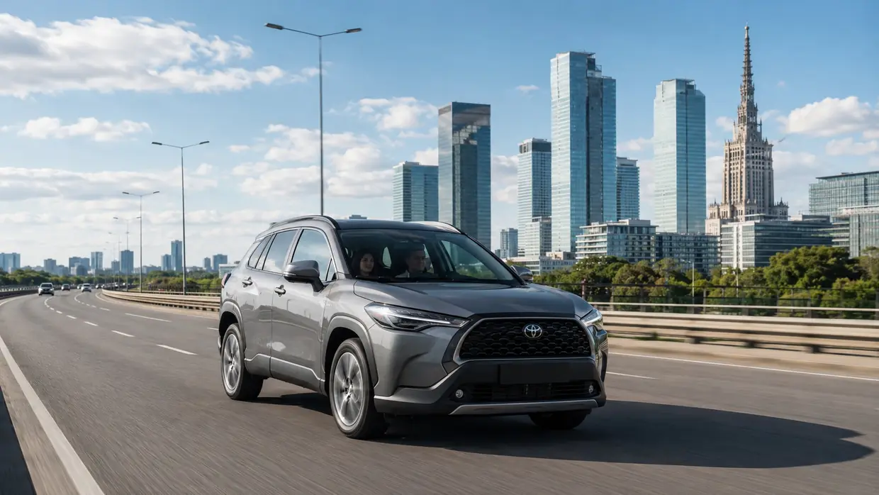 Szary SUV jadący miejską trasą